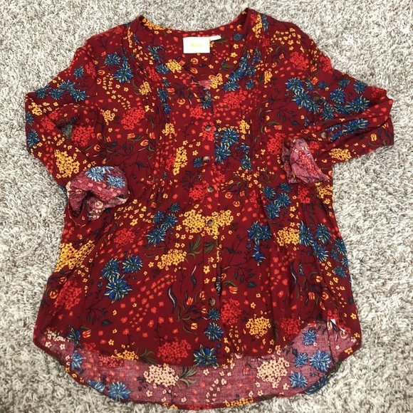 mauve long sleeve blouse floral design Size Medium Roll Cuff Buttons - Picture 1 of 9